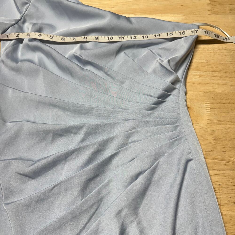 Mac Duggal NWT Feather Trim One Shoulder Draped Mini Dress Powder Blue Size 8 - Picture 7 of 10